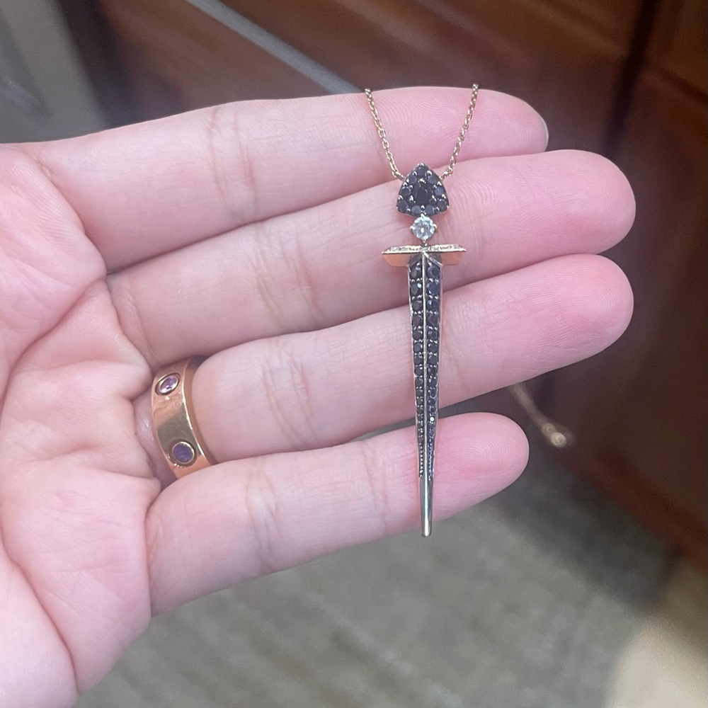 Alessa Sword Pendant/Necklace 18k rose gold with black and white diamonds.